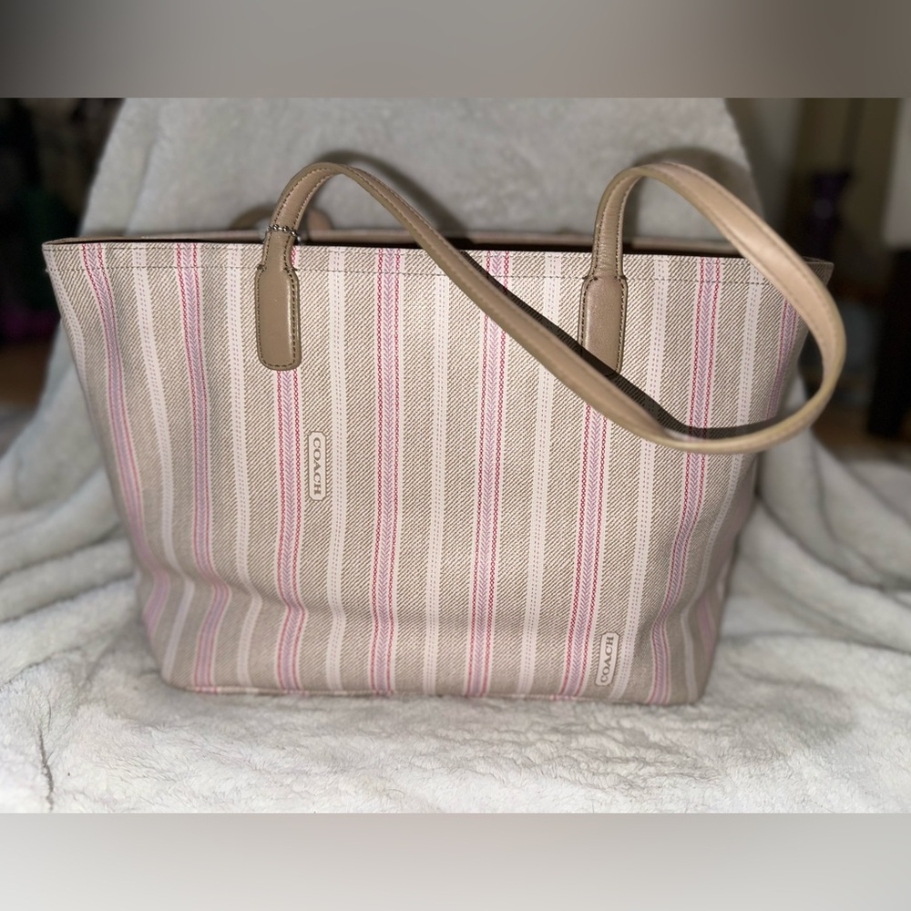 Coach Pink and Tan Striped Tote Bag